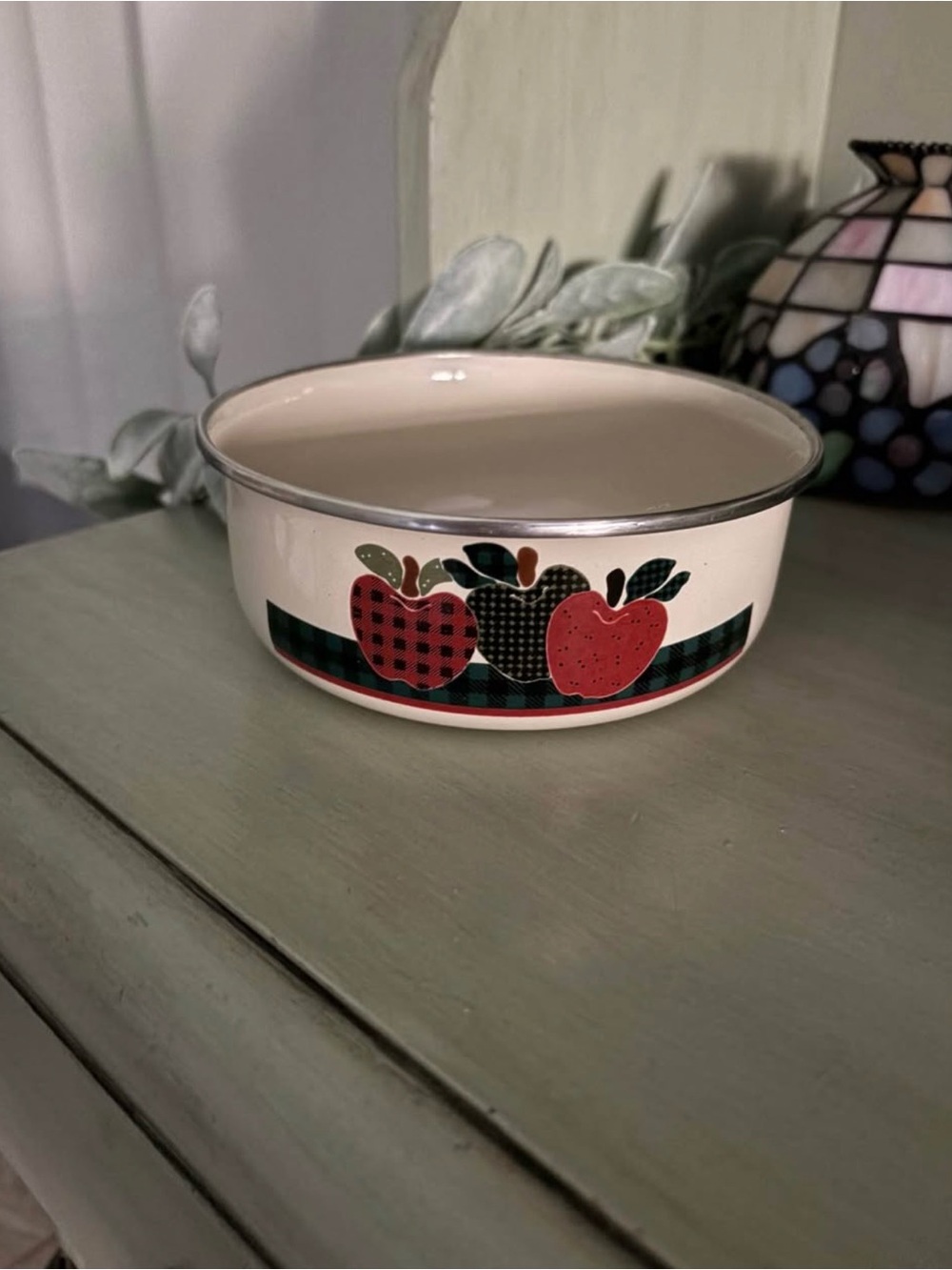Vintage Cream Enamel Apple Serving Bowl with Plaid Trim
